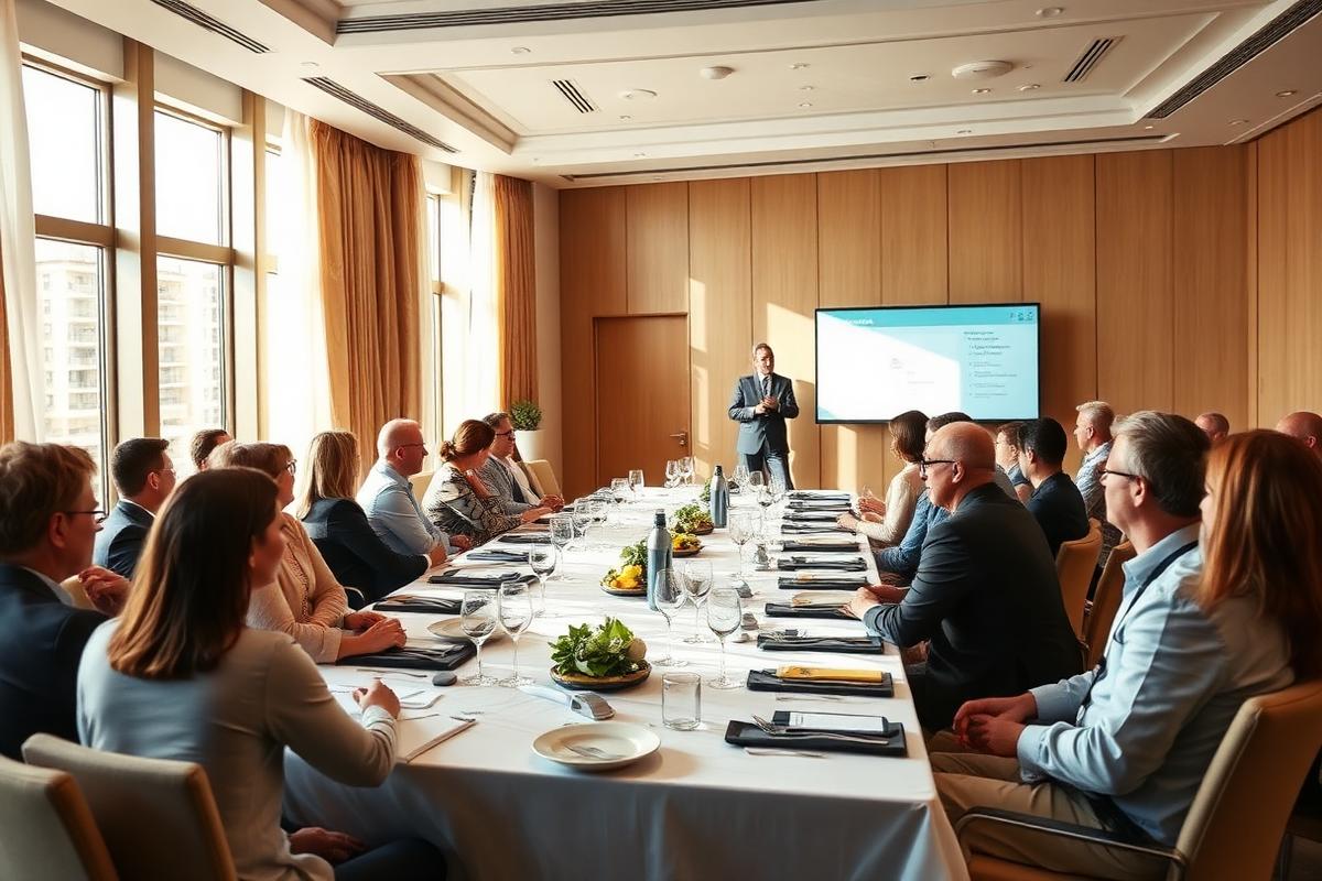 Grupo de networking reunido en desayuno semanal con presentación en pantalla