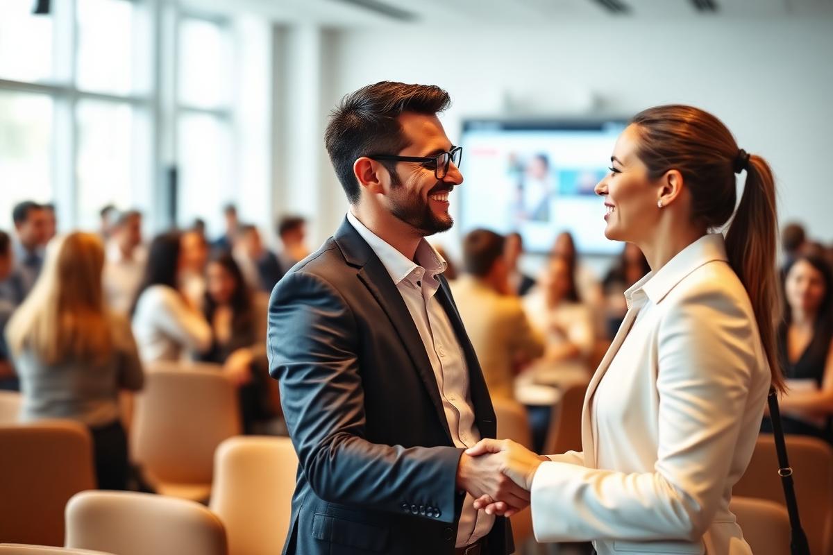 Dos profesionales estrechando la mano durante una reunión de networking